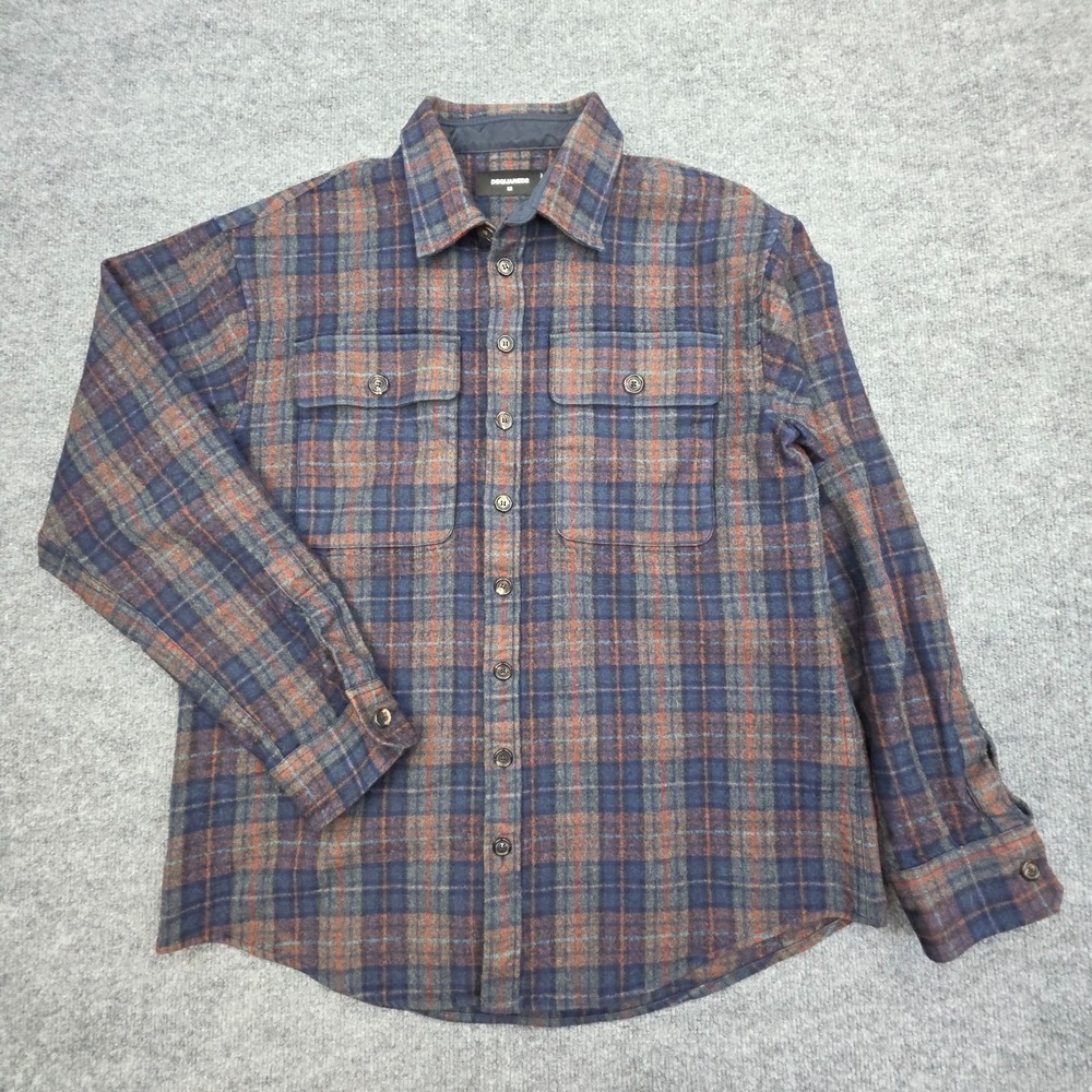Disquared2 Wool Blend Flannel‎ Shirt Men's 52 Plaid Pockets Made Italy